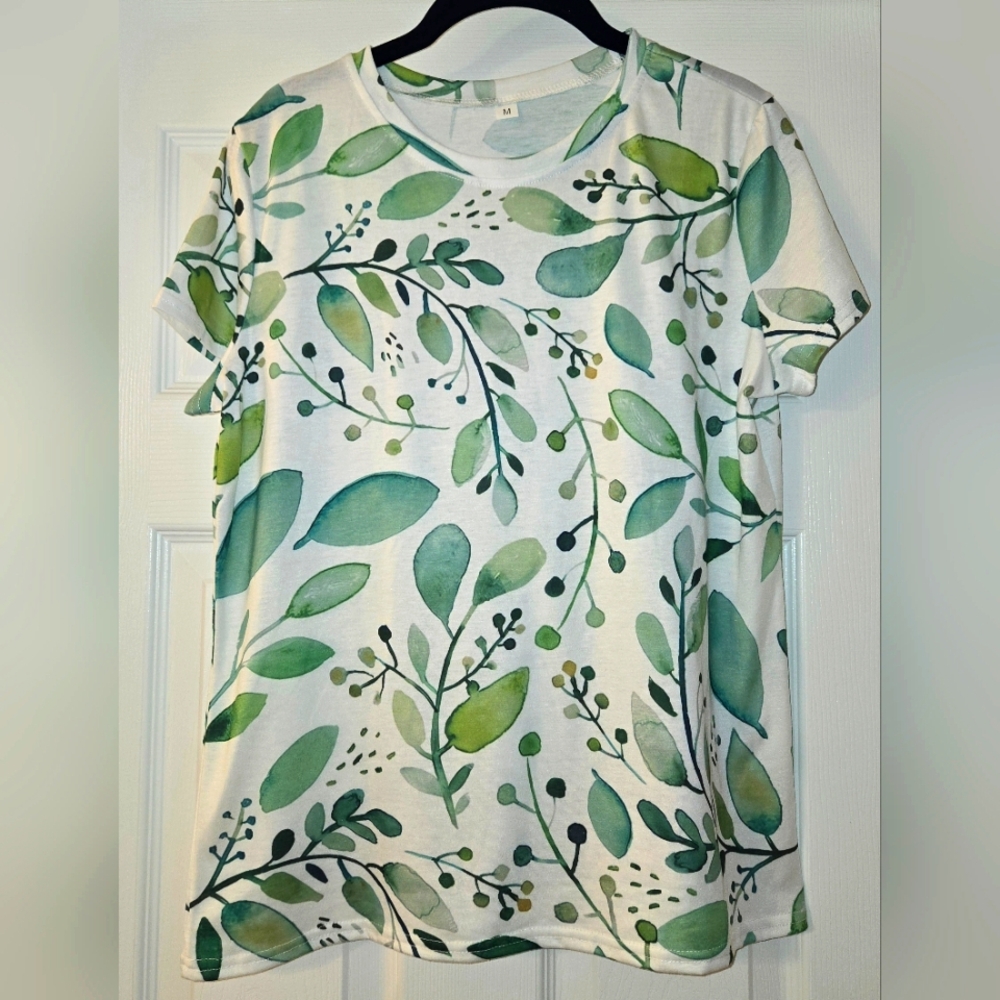 Green Leaf Print Women's Top - Size M